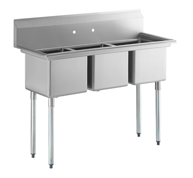 Quality Industries Sink, Stainless Steel, 3 Compartments, with Back Panel