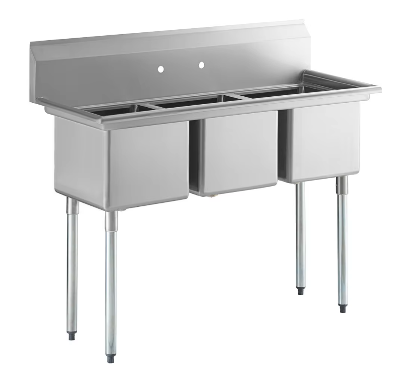 Quality Industries Sink, Stainless Steel, 3 Compartments, with Back Panel