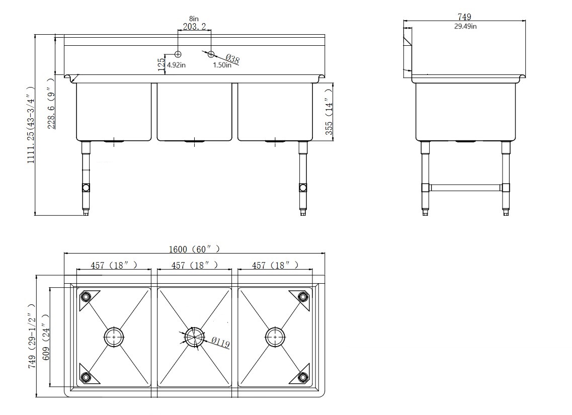 Quality Industries Sink, Stainless Steel, 3 Compartments, with Back Panel - Image 3
