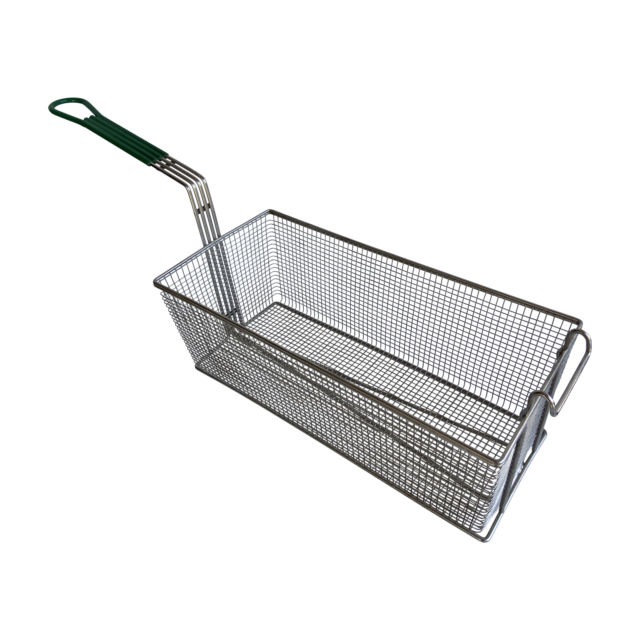Quality Industries Fry Basket, Stainless Steel, 16.6"x8.8"x6", Green Handle