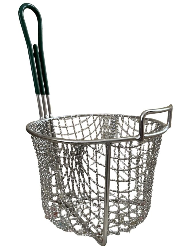 Quality Industries Basket, Stainless Steel, Crispy, Green Handle, 9.5" x 9.5" x 7"