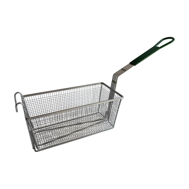 Quality Industries Fry Basket, Stainless Steel, Green Handle, 11.6"x6.3"x6"