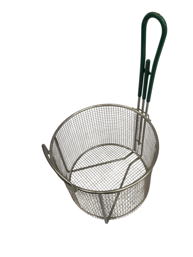 Quality Industries Basket, Stainless Steel, for Crispy Liver, Green Handle, 9.4" x 9.4" x 6.9"
