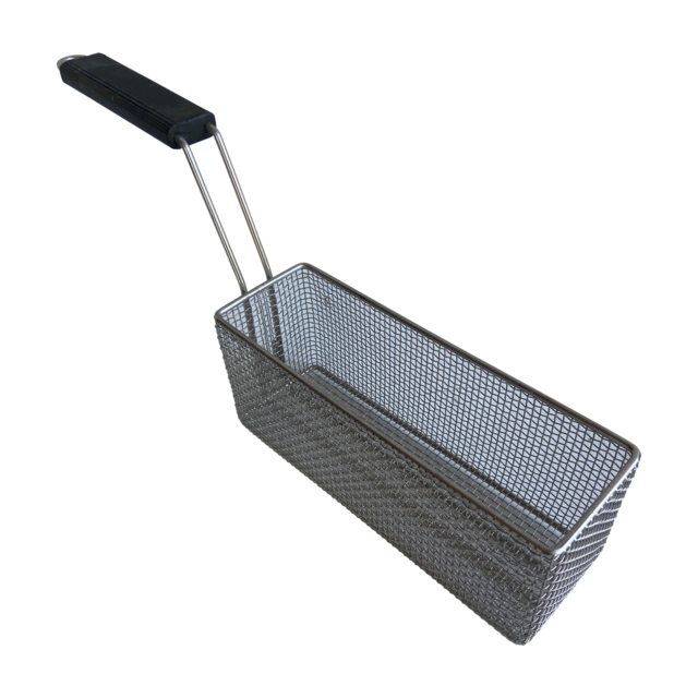 Quality Industries Fry Basket, Stainless Steel, Black Nylon Handle, Hook Under Handle, 11.2" x 4.5"x 3.7"