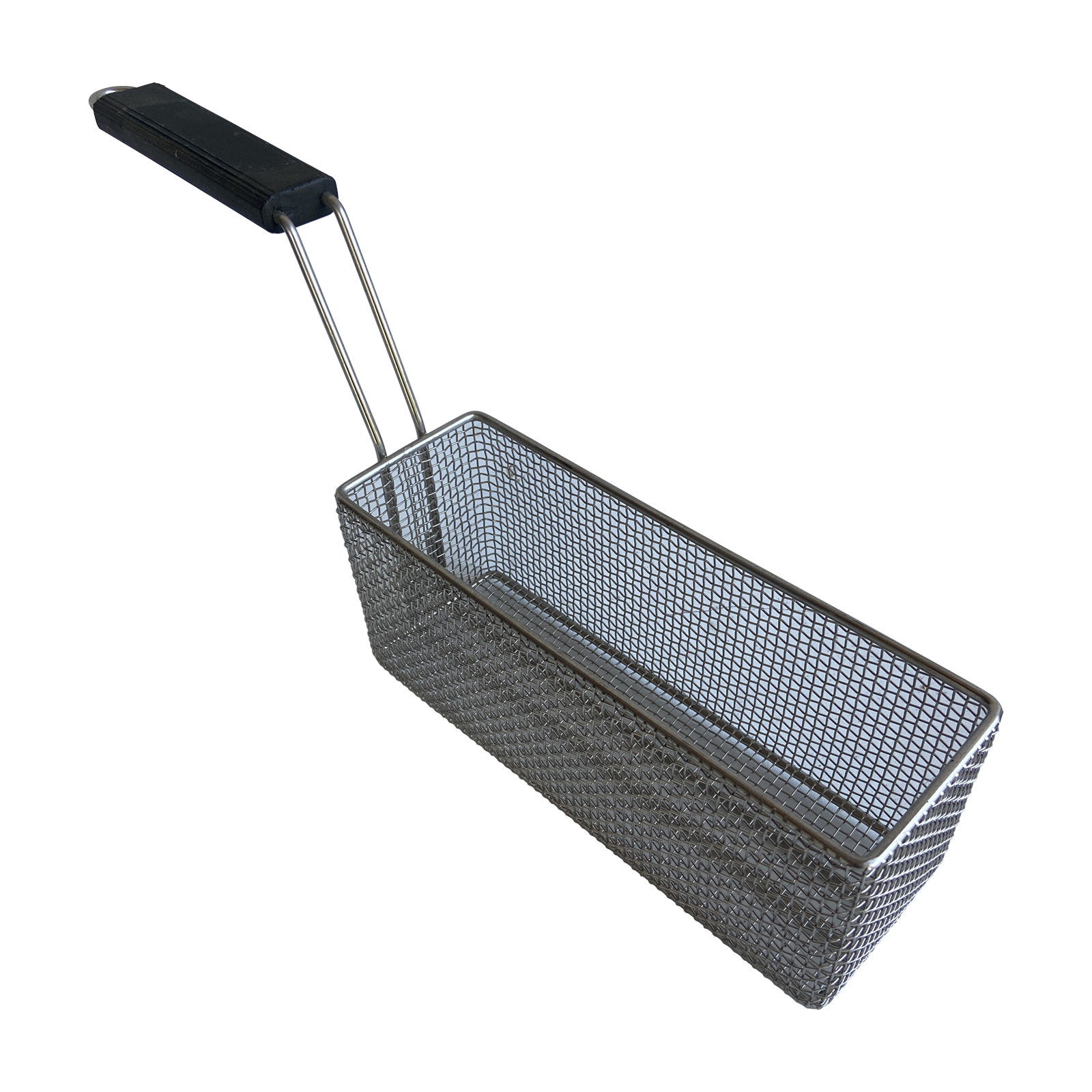 Quality Industries Fry Basket, Stainless Steel, Black Nylon Handle, Hook Under Handle, 11.2" x 4.5"x 3.7"