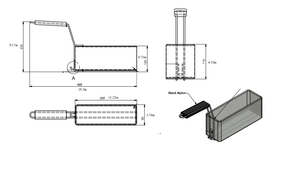 Quality Industries Fry Basket, Stainless Steel, Black Nylon Handle, Hook Under Handle, 11.2" x 4.5"x 3.7" - Image 2