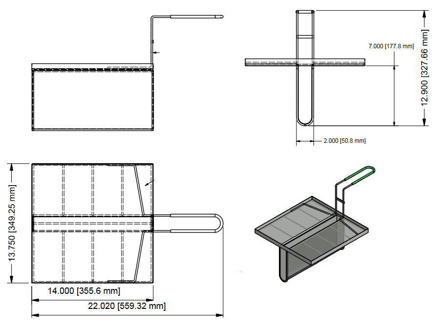 Quality Industries Stainless Steel Sediment Tray, 13.8"x 14", 7"x 2" Offset, Green Handle - Image 2