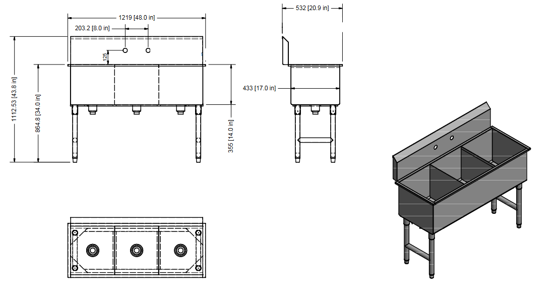 Quality Industries 3-Compartment Commercial Sink, Stainless Steel - 48x21in
