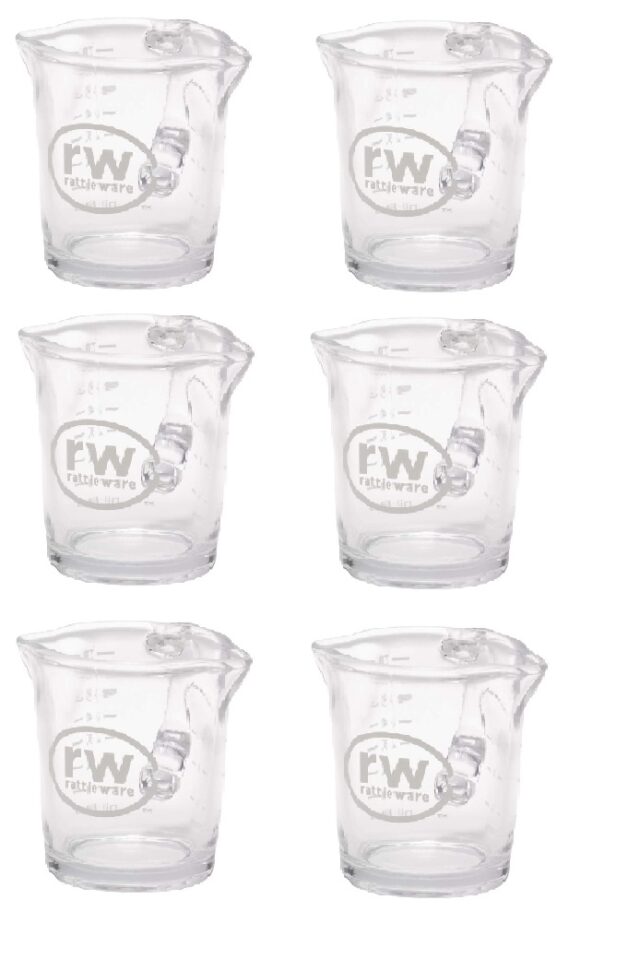 rattleware 3oz Shot Pitcher with White Printing, Glass, Double Spout, Set of Six - 27610