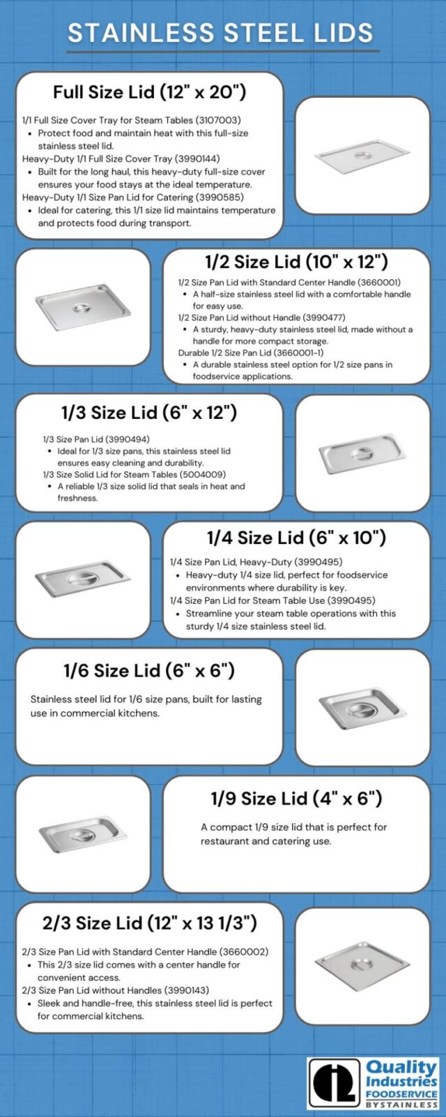 Quality Industries 1/1 Full Size Stainless Steel Cover Tray for Steam Tables