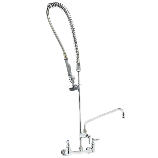 Quality Industries Wall-Mounted Pre-Rinse Unit with Double Warm Faucet - 37.5" High, 44" Hose