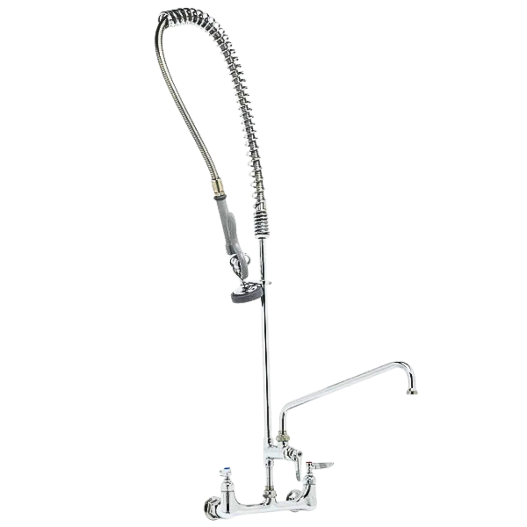 Quality Industries Wall-Mounted Pre-Rinse Unit with Double Warm Faucet - 37.5" High, 44" Hose
