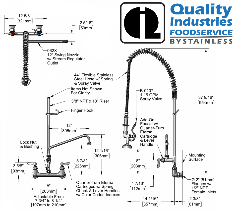 Quality Industries Wall-Mounted Pre-Rinse Unit with Double Warm Faucet - 37.5" High, 44" Hose - Image 2