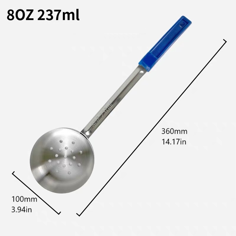 rattleware 8oz Serving Ladle, Stainless Steel, Blue Handle, Perforated - Image 3