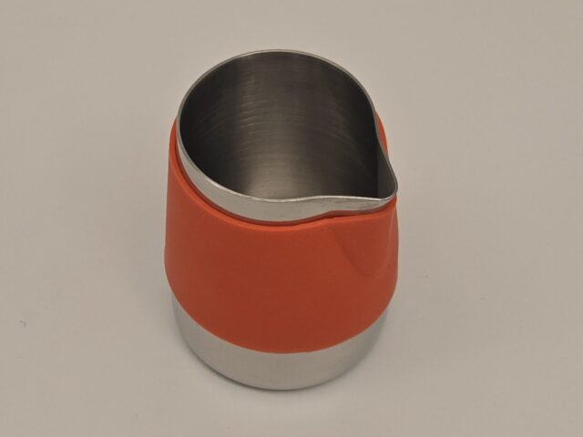 12 oz Macchiato Pitcher, Handle Free, Stainless Steel, with Orange Rubber Shell