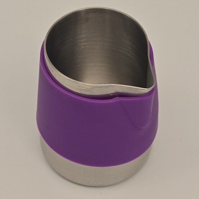 12 oz Macchiato Pitcher, Handle Free, Stainless Steel, with Purple Rubber Shell