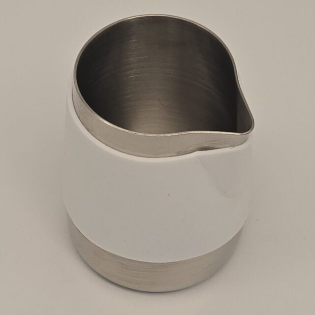 12 oz Macchiato Pitcher, Handle Free, Stainless Steel, with White Rubber Shell