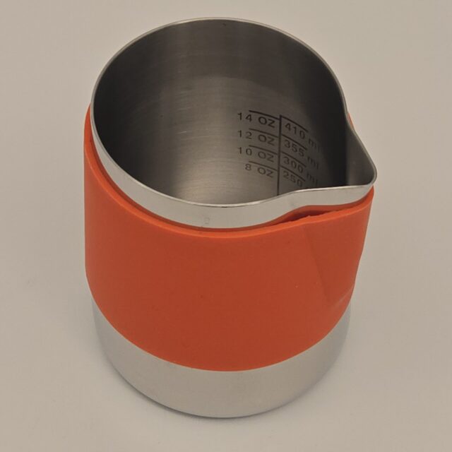 20 oz Latte Art Pitcher, Handle Free, Stainless Steel, with Orange Silicon Sleeve