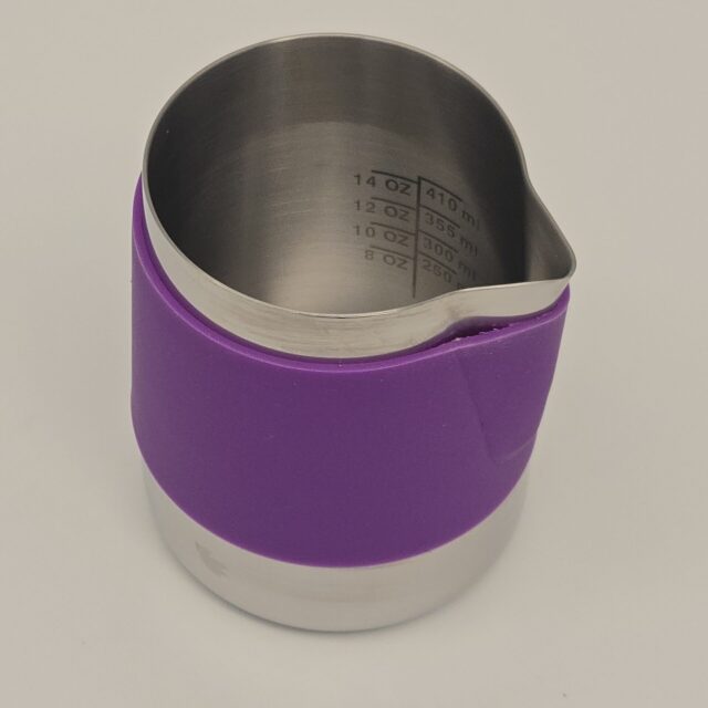 20 oz Latte Art Pitcher, Handle Free, Stainless Steel, with Purple Silicon Sleeve