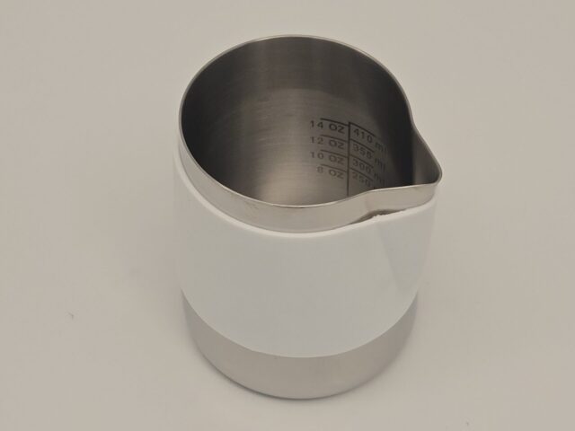 20 oz Latte Art Pitcher, Handle Free, Stainless Steel, with White Silicon Sleeve